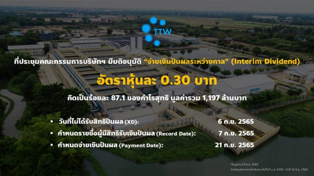 TTW เตรียมจ่ายเงินปันผลระหว่างกาล 0.30 บาท/หุ้น