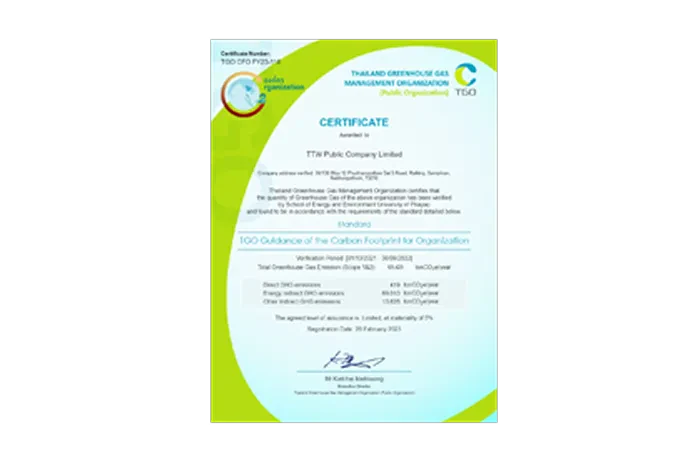 TTW received a Carbon Footprint for Organization : CFO certificate from Thailand Greenhouse Gas Management Organization