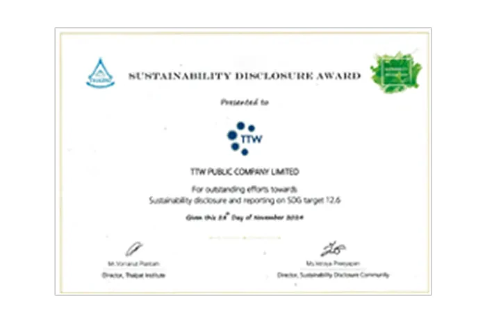 TTW Public Company Limited (TTW) received an honorary award. “Sustainability Disclosure Award” for the year 2024