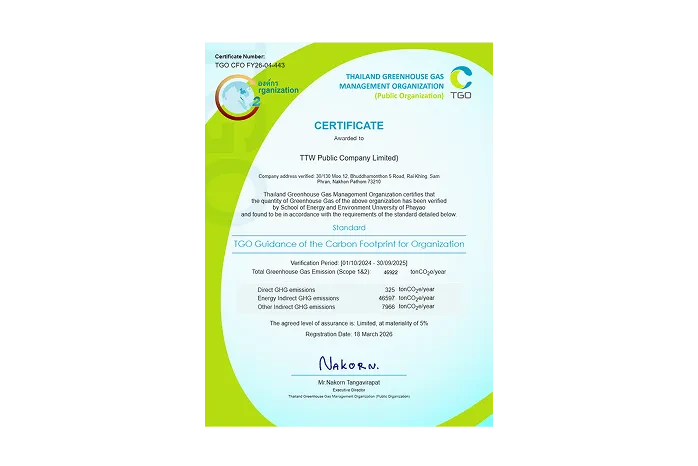TTW has received the Carbon Footprint for Organization (CFO) certification for 2026