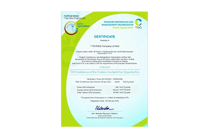 TTW received a certificate of Carbon Footprint Certification (CFO) from the Greenhouse Gas Management Organization. (Public Organization) for the year 2025, continuing for the 3nd year