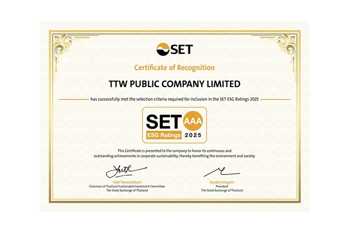 TTW has received the highest SET ESG Rating (AAA) for 2025 from the Stock Exchange of Thailand