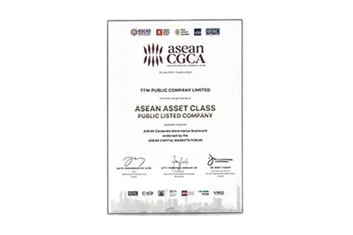 TTW elevates its Corporate Governance (CG) operations to the ASEAN level, winning the ASEAN Asset Class PLCs award from the 2024 ASEAN CG Scorecard project. It is one of 74 Thai listed companies to receive this award